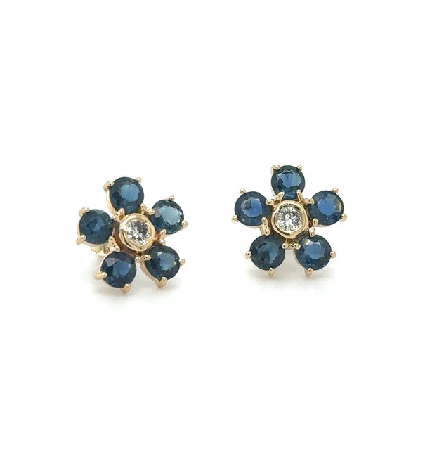 YELLOW GOLD FLOWER EARRING WITH SAPPHIRE AND DIAMONDS