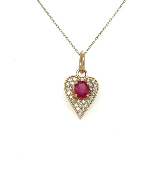 14KT YELLOW GOLD HEART PENDANT WITH RUBY AND DIAMONDS