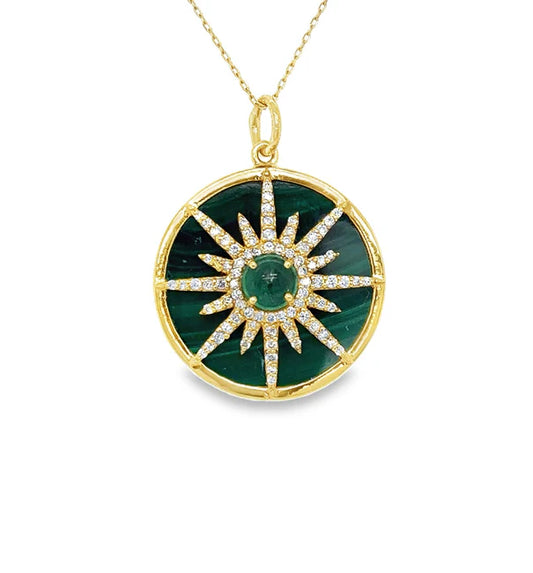 14KT YELLOW GOLD MALACHITE PENDANT WITH EMERALD AND DIAMONDS