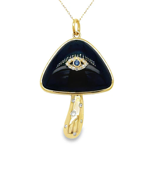 14KT YELLOW GOLD BLACK ONYX MUSHROOM PENDANT WITH DIAMONDS