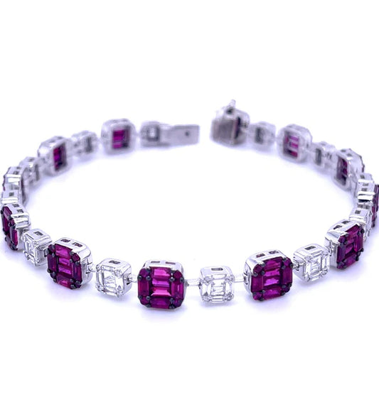 18KT WHITE GOLD RUBY & DIAMOND BAGUETTE BRACELET