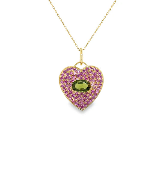 14KT YELLOW GOLD HEART PENDANT WITH PINK AND GREEN SAPPHIRE