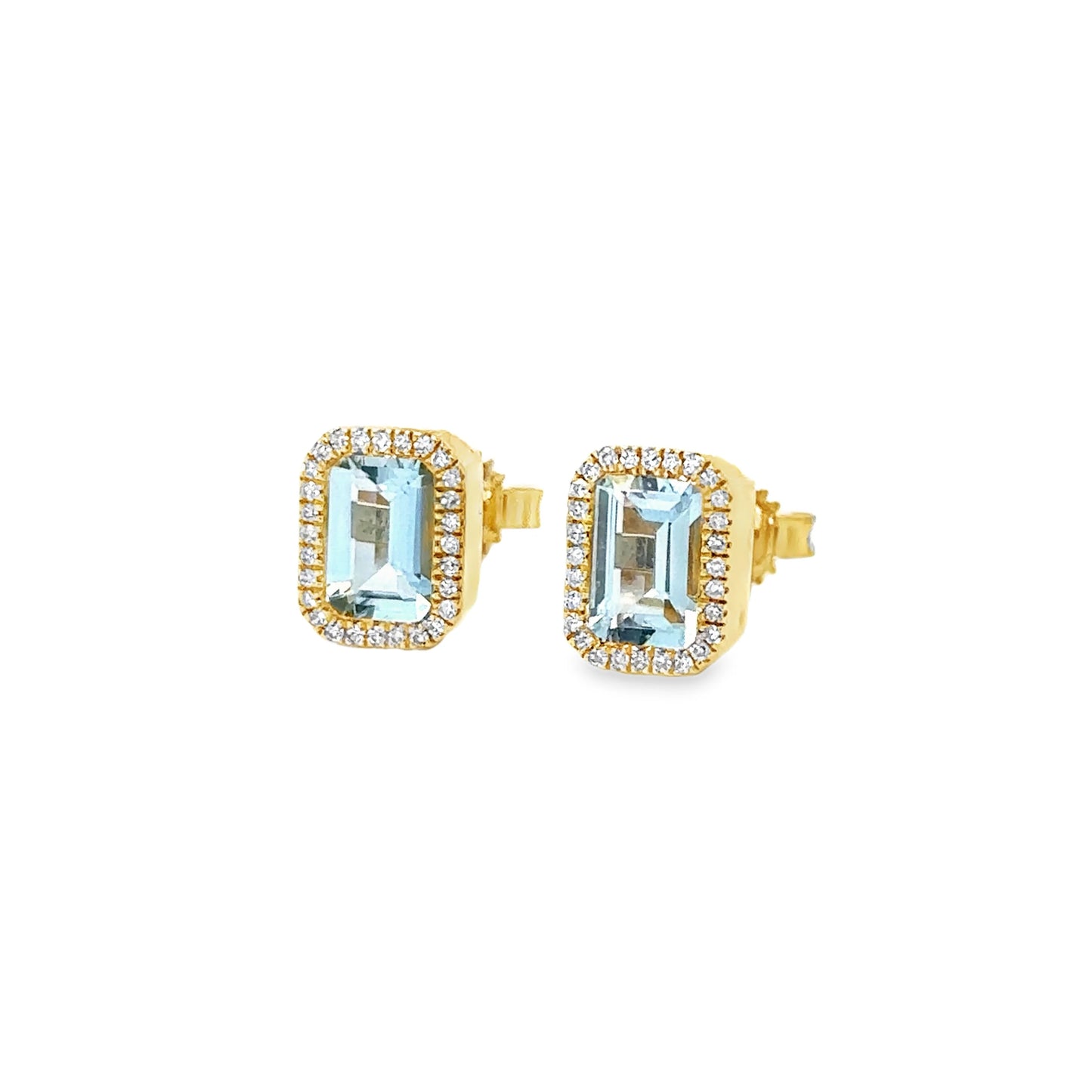 14K GOLD EMERALD CUT BLUE TOPAZ AND DIAMOND STUD EARRING