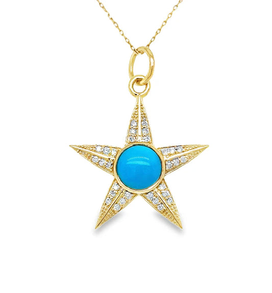 14KT YELLOW GOLD TURQUOISE STAR PENDANT WITH DIAMONDS