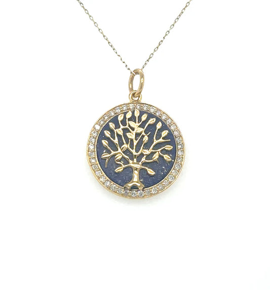 14KT YELLOW GOLD LAPIS TREE OF LIFE PENDANT WITH DIAMONDS