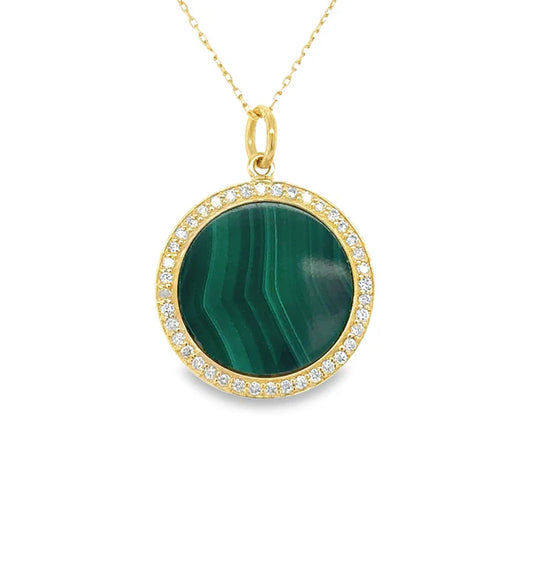 14KT YELLOW GOLD MALACHITE DISK PENDANT WITH DIAMONDS