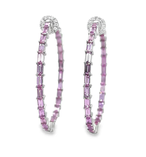 14KT WHITE GOLD PINK SAPPHIRE AND DIAMONDS HOOP EARING