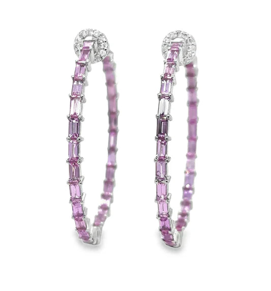 14KT WHITE GOLD PINK SAPPHIRE AND DIAMONDS HOOP EARING