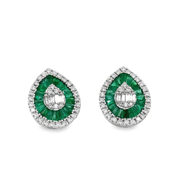 14KT WHITE GOLD EMERALD AND DIAMONDS PEAR SHAPE EARRING