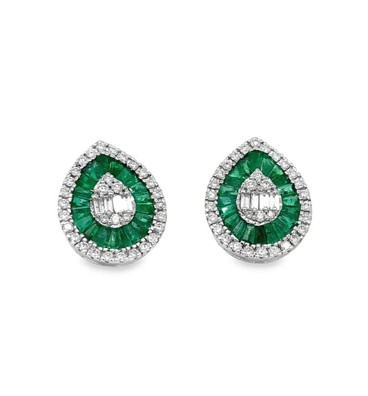 14KT WHITE GOLD EMERALD AND DIAMONDS PEAR SHAPE EARRING
