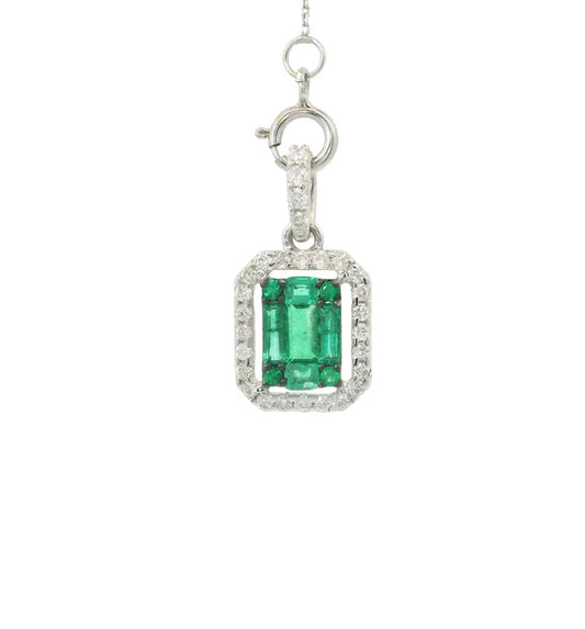 18KT WHITE GOLD EMERALD AND DIAMOND HEART SHAPE PENDENT