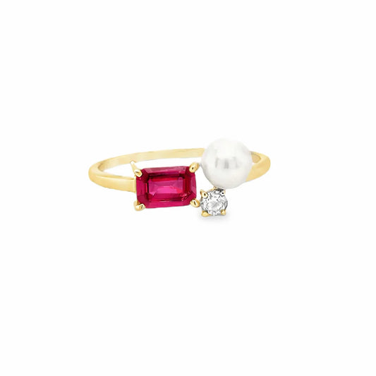 14KT YELLOW GOLD DIAMOND, RUBY AND PEARL RING