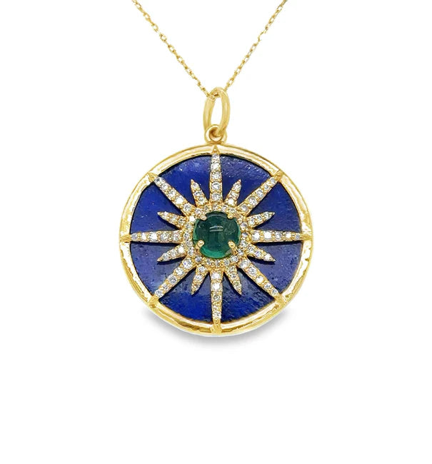 14KT YELLOW GOLD LAPIS PENDANT WITH EMERALD AND DIAMONDS