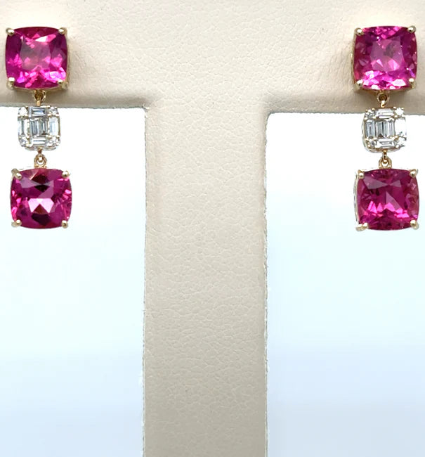 14KT YELLOW GOLD PINK TOURMALINE WITH DIAMONDS EARRING