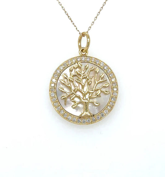 14KT YELLOW GOLD MOTHER OF PEARL TREE OF LIFE PENDANT WITH DIAMONDS