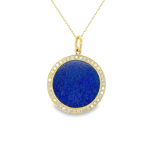 14KT YELLOW GOLD LAPIS DISK PENDANT WITH DIAMONDS