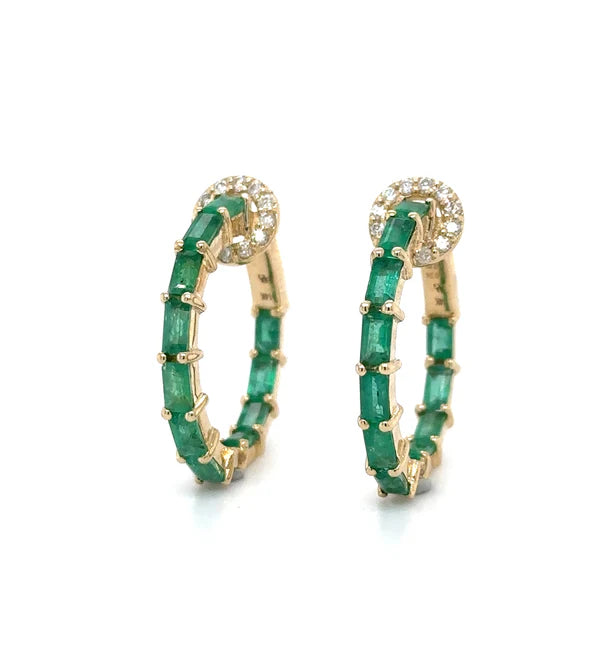 14KT YELLOW GOLD EMERALD AND DIAMONDS HOOP EARING