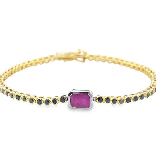 14KT YELLOW GOLD BLACK DIAMOND WITH RUBY OCT. TENNIS BRACELET