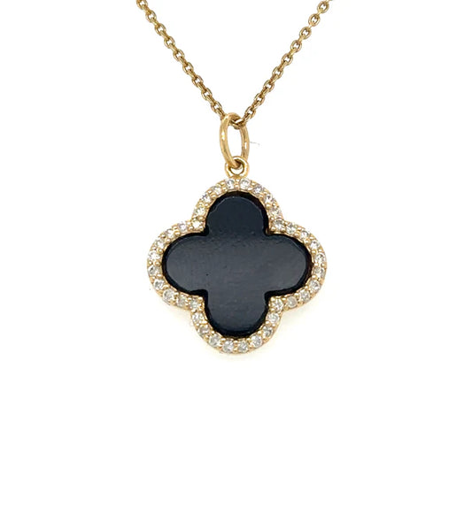 14KT YELLOW GOLD BLACK ONYX CLOVER PENDANT WITH DIAMONDS