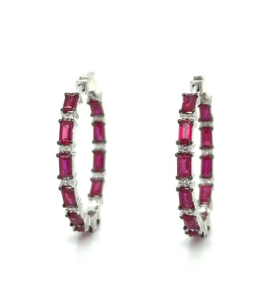 18KT WHITE GOLD RUBY AND DIAMOND HOOP EARRING