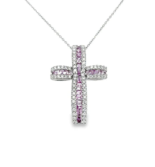 14KT WHITE GOLD PINK SAPPHIRE AND DIAMONDS CROSS PENDANT
