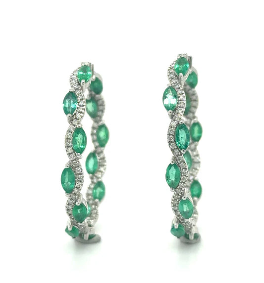 18K WHITE GOLD EMERALD AND DIAMOND HOOP EARRING