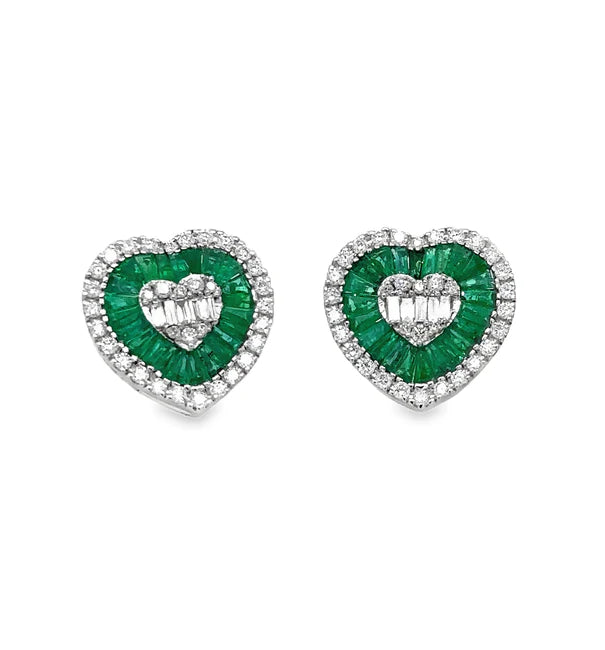 14KT WHITE GOLD EMERALD AND DIAMONDS HEART SHAPE EARRING