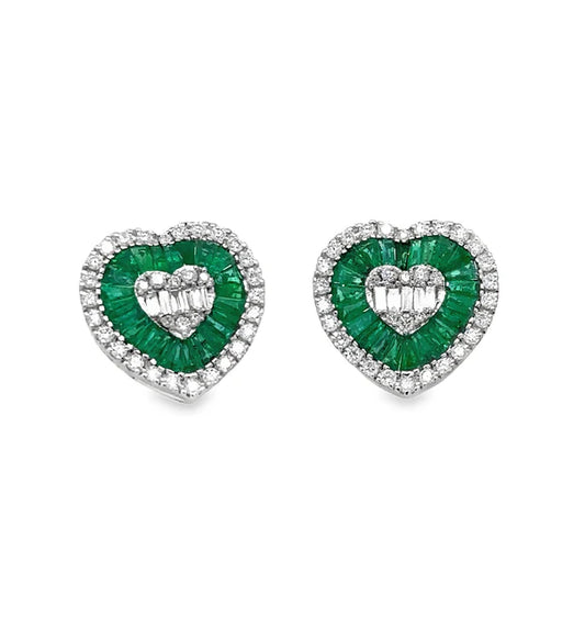 14KT WHITE GOLD EMERALD AND DIAMONDS HEART SHAPE EARRING