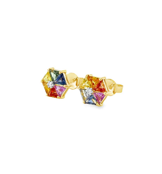14KT YELLOW GOLD MULTI SAPPHIRE AND DIAMONDS EARRING