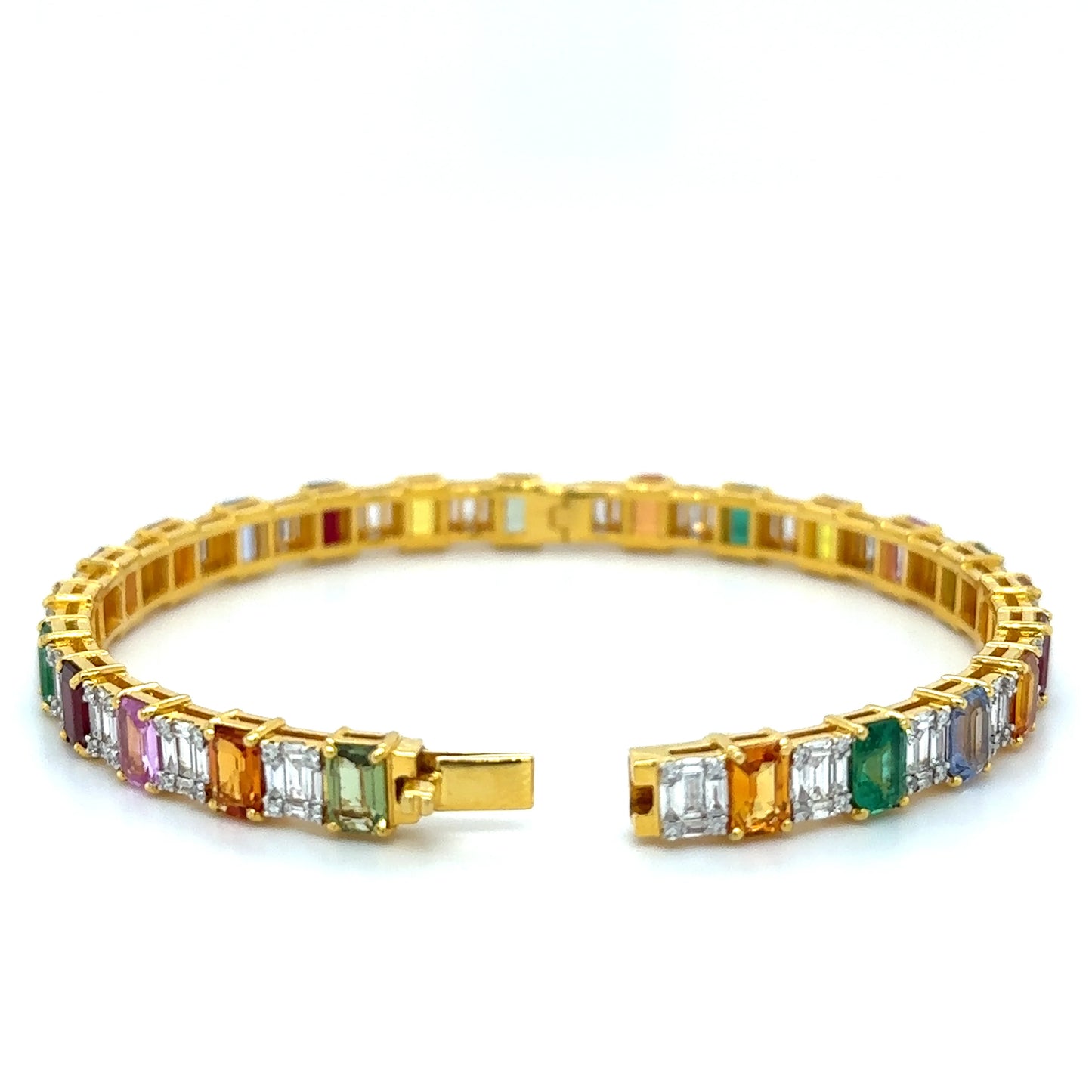 18K YELLOW GOLD EMERALD, RUBY, MULTI SAPPHIRE AND DIAMONDS BANGLE