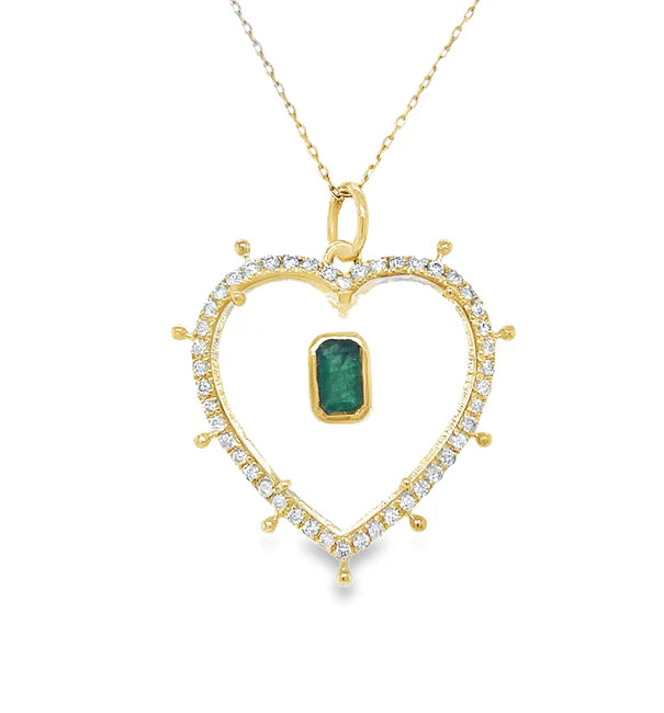 14KT YELLOW GOLD CLEAR QUARTZ HEART PENDANT WITH EMERALD AND DIAMONDS