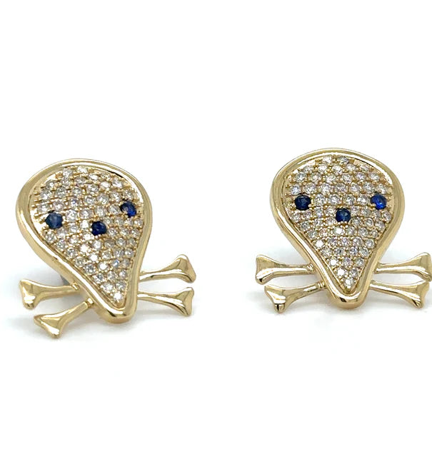 14KT YELLOW GOLD SAPPHIRE AND DIAMONDS SKULL EARRING