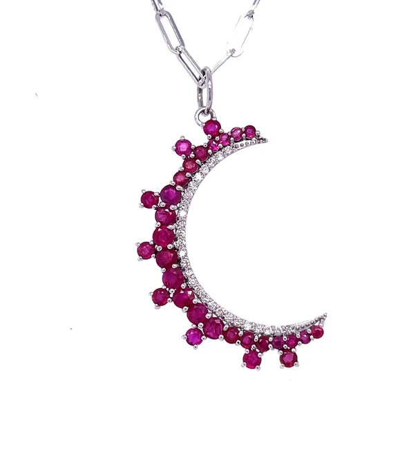 14KT WHITE GOLD RUBY MOON PENDANT WITH DIAMOND