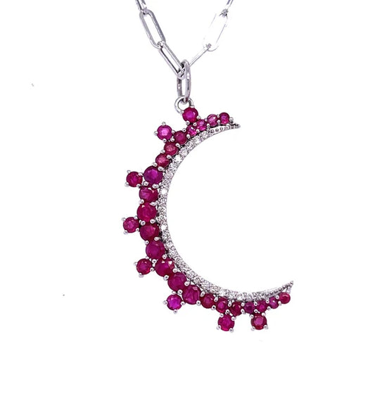 14KT WHITE GOLD RUBY MOON PENDANT WITH DIAMOND