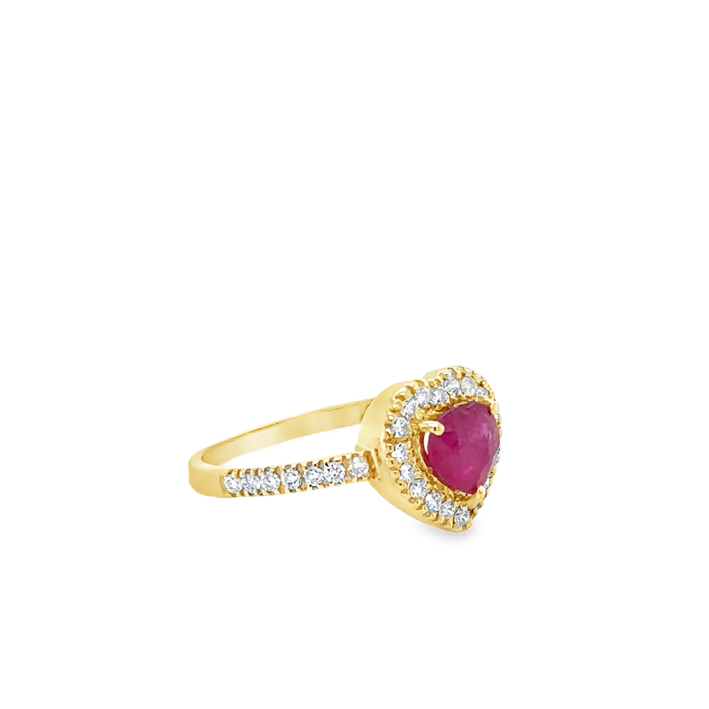 14KT YELLOW GOLD HEART SHAPE RUBY AND DIAMONDS RING