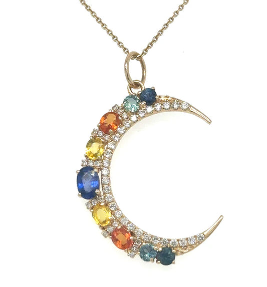 14KT YELLOW GOLD HALF MOON PENDANT WITH MULTI SAPPHIRE AND DIAMONDS