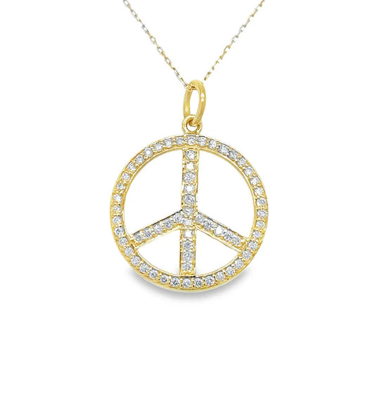 14KT YELLOW GOLD CLEAR QUARTZ PEACE SIGN PENDANT WITH DIAMONDS