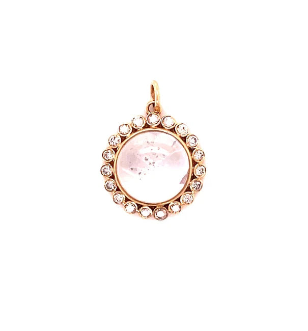 14KT GOLD RAINBOW MOONSTONE ROUND PENDANT WITH DIAMONDS