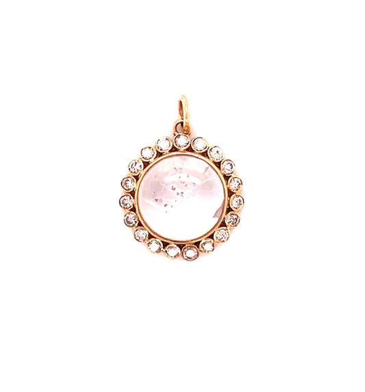 14KT GOLD RAINBOW MOONSTONE ROUND PENDANT WITH DIAMONDS