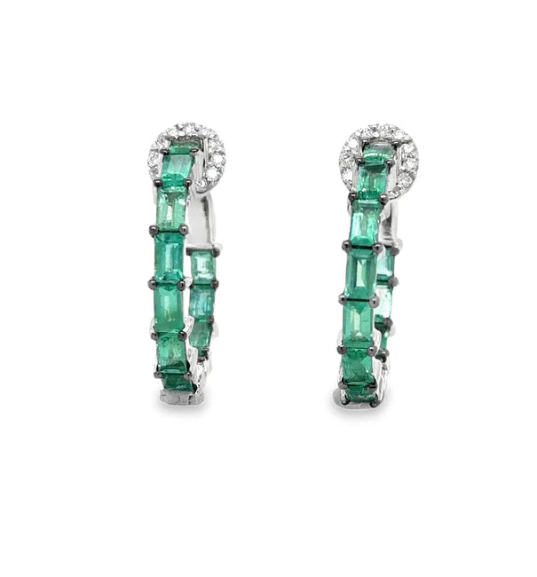 14KT WHITE GOLD EMERALD AND DIAMONDS HOOP EARING