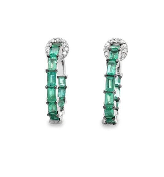 14KT WHITE GOLD EMERALD AND DIAMONDS HOOP EARING