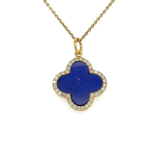14KT YELLOW GOLD LAPIS CLOVER PENDANT WITH DIAMONDS