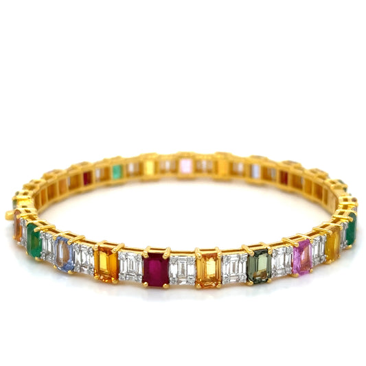 18K YELLOW GOLD EMERALD, RUBY, MULTI SAPPHIRE AND DIAMONDS BANGLE