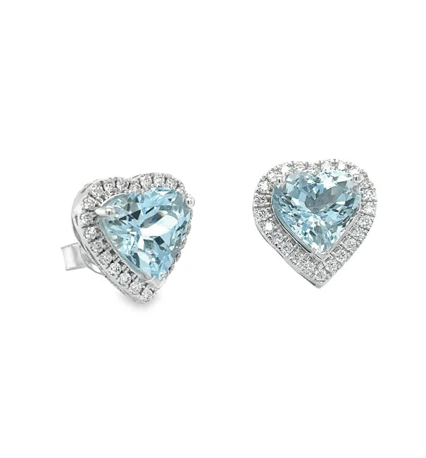 14KT WHITE GOLD AQUAMARINE AND DIAMONDS HEART EARRING