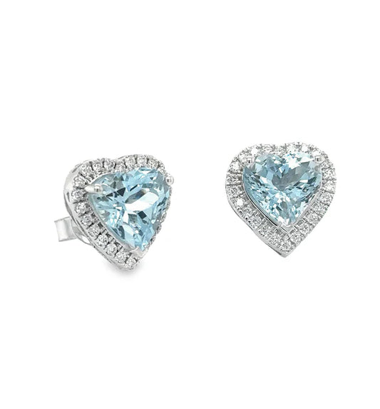 14KT WHITE GOLD AQUAMARINE AND DIAMONDS HEART EARRING