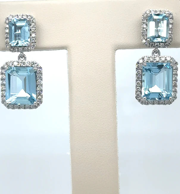 14K WHITE GOLD AQUAMARINE AND DIAMOND EARRING