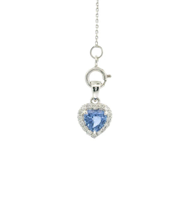 18KT WHITE GOLD BLUE SAPPHIRE AND DIAMOND HEART SHAPE PENDENT