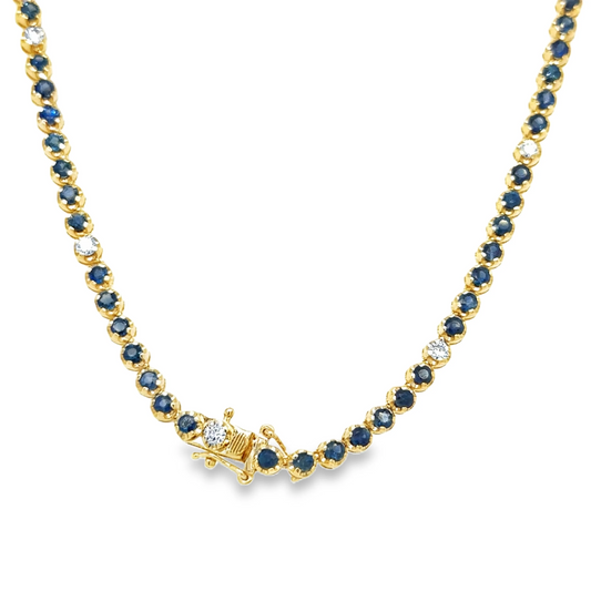 14KT GOLD BLUE SAPPHIRE AND DIAMOND TENNIS NECKLACE