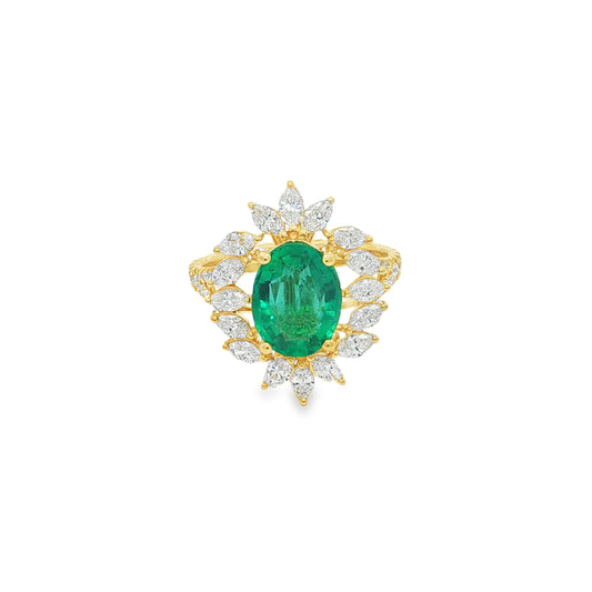 14KT DIAMOND EMERALD OVAL RING