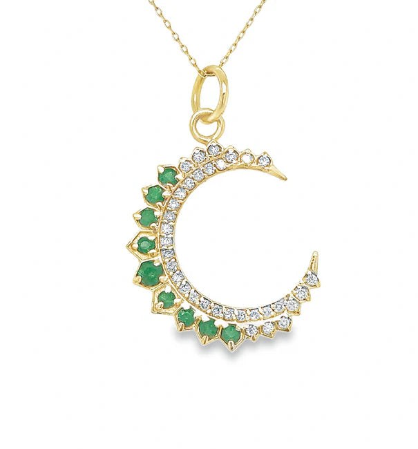 14KT YELLOW GOLD HALF MOON PENDANT WITH EMERALD AND DIAMONDS
